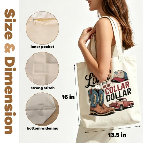 VICBOU Western Cow Skull Canvas Tote Bag for Women Girls, Cowgirl Shoulder Bag with Pocket for Beach Shopping Work - color: Bluecollar01