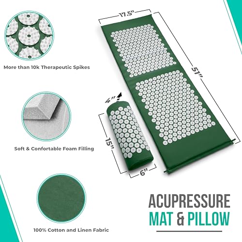 Sivan Acupressure Mat & Pillow Set for Back & Neck (XL, Green/White) | Grounding for stress and pain, acupuncture-point massage, muscle relaxation, sciatica and meditation; includes carry bag. - color: Green/White, size: XL