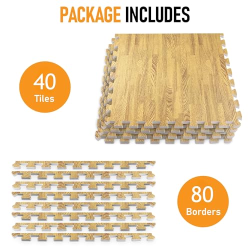 HomeCube USA 3/8 Inch Thick Interlocking Medium Oak Foam Floor Tiles for Home, Office, Workout Equipment Space Commercial Areas Anti-Fatigue Flooring Padding 24x24 in, Medium Oak, 160 Sq Ft-40 Tiles - color: Medium Oak, size: 160 Sq Ft (40 Tiles)