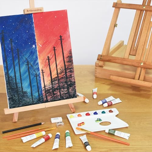 Artbreezing Acrylic Painting Kit with Art Easel,All-in-One Art Supplies | 31PC Painting Supplies with Canvas,Tabletop Easel for Painting,Brushes etc.Ideal Giftable Holiday Set for Kids and Adults.