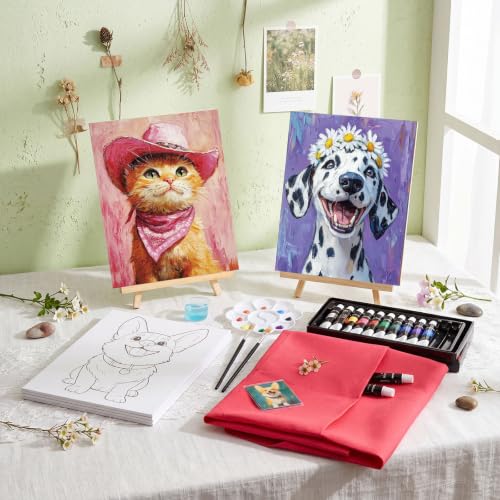 Cholemy 6 Set Paint and Sip Kit for Adults 8"x 10" Pre Drawn Canvas Painting with Wooden Easel Acrylic Paint Wash Cup Brushes Palette Apron for Painting DIY Adult's Date Party Supplies(Happy Pets) - style: Happy Pets
