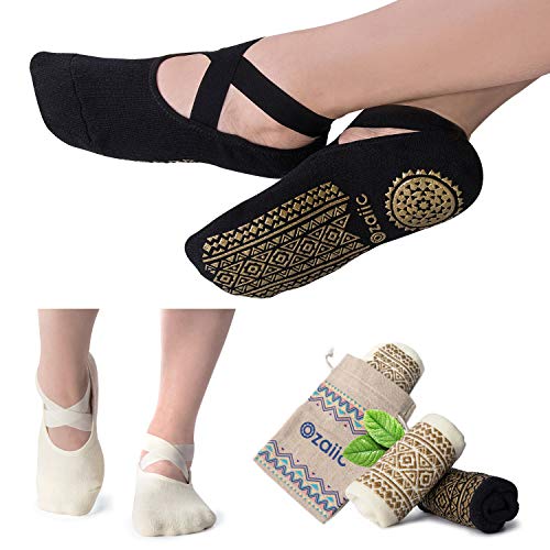 Ozaiic Pilates Socks for Women Non Slip Grip Yoga Barefoot Indoor Workout - color: Black/ Beige -2p(1st Anniversary Edition)