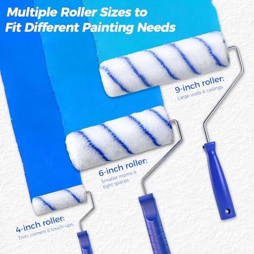 Paint Roller Kit with 3.93Ft Extension Pole for Walls and Ceilings, 30Pcs House Painting Supplies Set with 9”, 6” & 4” Microfiber Rollers,Paint Tray,Liners,Brushes and Gloves for Home Renovation