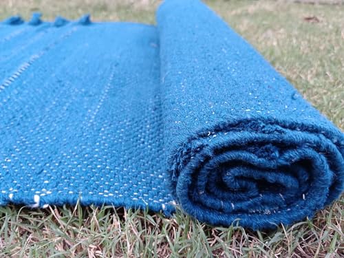 Jaipur art & Rugs Organic Cotton Yoga Mat - Eco-Friendly Hand-Woven Rug - Non Slip & Thick (24”x72”x5mm) for Everyday Fitness at Home - Comfortable Extra-Long - color: Blue 2