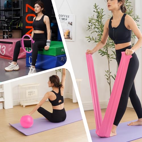 Tsikavo Pilates Ring, Pilates Ring Circle and Ball Set, 12 Inch Magic Circle Pilates Ring,9 Inch Small Exercise Ball,Resistance Bands Set, Home Pilates Equipment for Women - color: Pink