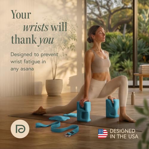 PRO Yoga Blocks | Ergonomic Yoga Block 2 Pack for Wrist Comfort and Support | EVA Foam Exercise Blocks, 2x Knee Pads & Yoga Strap | Pilates Block Set | Bricks to Eliminate Wrist Pain - color: Blue