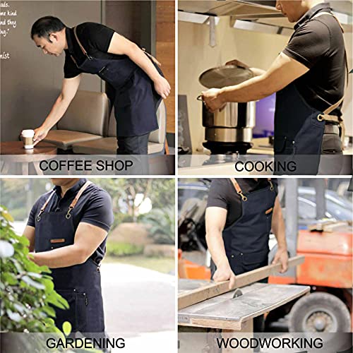 Chef Apron with Cross Back Straps for Men Women, Cotton Canvas Apron for Artists Painting, Kitchen Cooking - color: Navy Blue