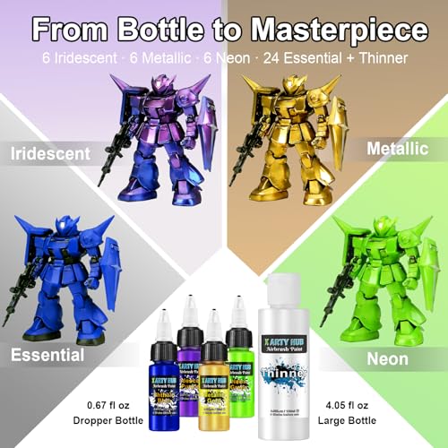 Airbrush Paint Set, 42 Acrylic Paints with 4.05 fl oz Thinner | Ready-to-Spray, Iridescent, Neon & Metallic Colors, Water-Based, Air Brush Painting Set for Models, Artwork & DIY Crafts - color: 42 colors with 4.05 fl oz thinner