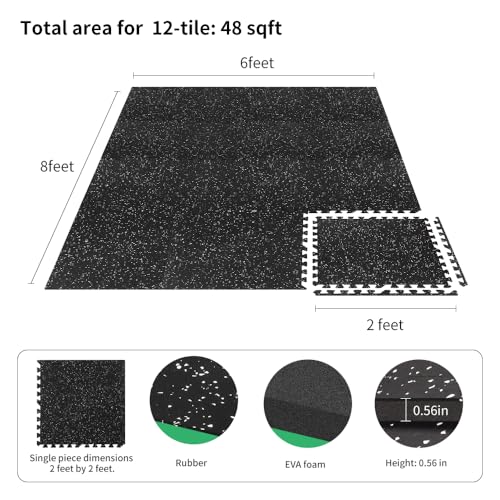 0.56in Thick 48 Sq Ft Gym Flooring for Home Gym, 12 Tiles Workout Exercise Equipment Mats, Rubber Top with EVA Foam, Interlocking Puzzle Floor Tiles for Fitness Room, Protective Flooring Mat - size: 0.56in