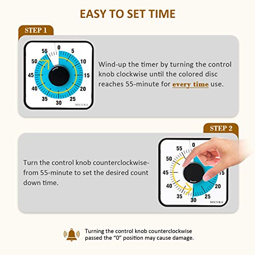 Secura 60-Minute Visual Countdown Timer, 7.5-Inch Oversize Classroom Visual Timer for Kids and Adults, Durable Mechanical Kitchen Timer Clock with Magnetic Backing (Blue) - color: Blue & Black