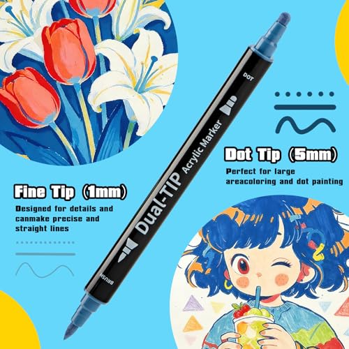 Acrylic Paint Markers 80 Colors with Dot Tip and Fine Tip | Ideal for Rock Painting, Stone, Wood, Paper, Canvas, Ceramic, Glass, Fabric & DIY Crafts - size: 80 Count (Pack of 1)