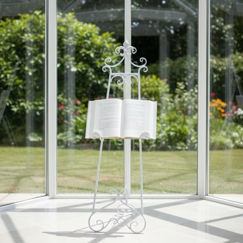 60” H White Easel Stand for Sign Metal Adjustable | Large Display Standing Heavy Duty for Displaying Pictures Wedding Poster Holder Showcasing with Chain Support - color: Scrollwork Floral Top-WHITE