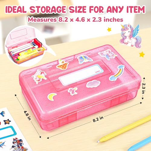 GAMENOTE Plastic Pencil Box with Snap Lid, School Supply Case, Glitter Pink | Kid Large Hard Pencil Case with Personalized Sticker, Snap-tight Lid, Small Art Craft Storage Containers for Boys, Girls - color: Glitter Pink