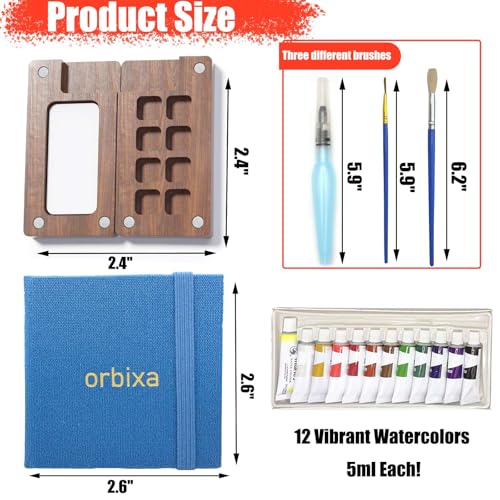 Orbixa Mini Watercolor Palette Paint Set–Travel Size,12 Color Paint with 8-Well black Walnut Palette,Mini Sketchbook travel watercolor set& pocket kit | Portable Watercolor Kit for Artists,Students&Beginners