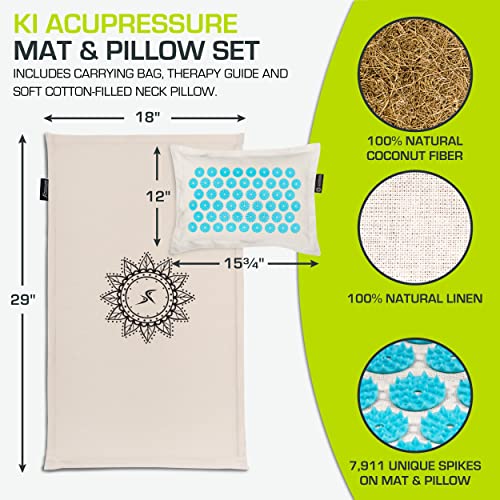 ProsourceFit Ki Acupressure Mat and Pillow Set with 100% Natural Linen for Back/Neck Pain Relief and Muscle Relaxation - color: Natural Aqua