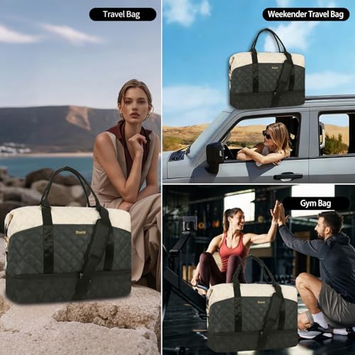 Weekender Bag, Large Travel Duffel Bag for Women, Carry on Overnight Bag with Shoe Compartment and Toiletry Bags - color: F-3PCS Beige Green