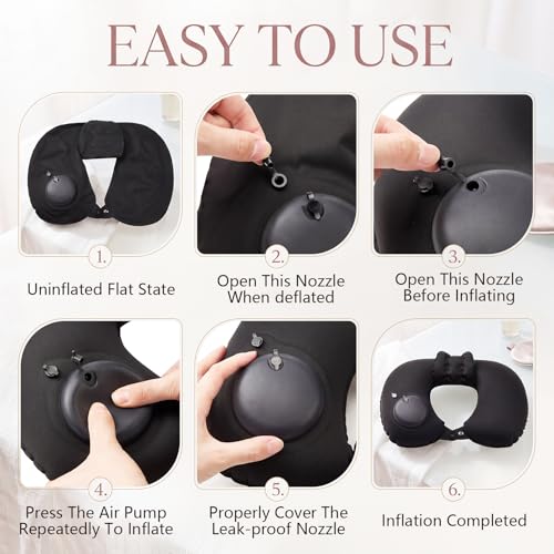 Colingmill 2 Pcs Inflatable Bath Pillows for Tub, U-Shaped Neck & Head Support Cushion, Portable Blow Up Travel Neck Pillow with Adjustable Button for Airplanes & Home Spa (Black) - color: Black