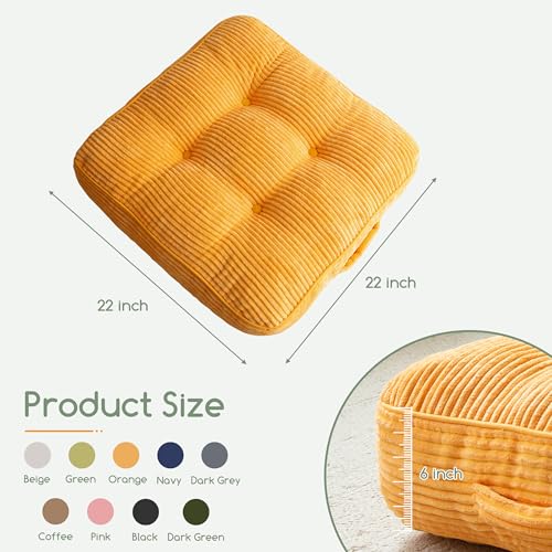 HIGOGOGO 6" Extra Thick Floor Pillow Cushion for Adults, Meditation Cushion Pillow, Large Square Floor Sitting, Tufted Corduroy Cover, for Tatami Living Room or Yoga, 22x22 Inch, 2Pack, Orange - color: Square Orange, size: 6" Thick(Pack of 2)