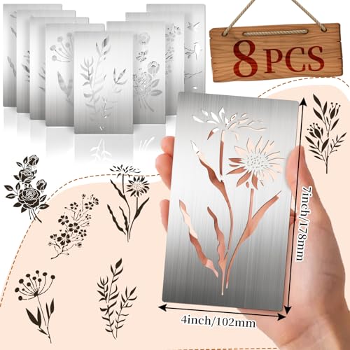Eageus 8 Pcs Metal Stencils Wood Burning Stencil Lettering Stencils for Painting, Reusable Sunflower Flower Template for Wood Carving Drawing Engraving Journal Craft(Plant Style) - style: Plant Style