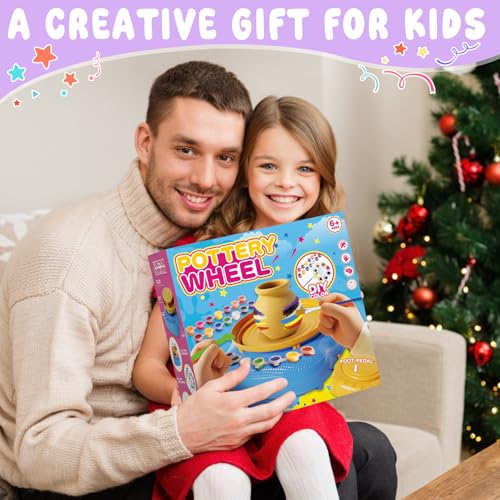 Weilim Pottery Wheel for Kids Beginners, Air-Dry Clay & Paint Kit Ages 6-12 | 3 Clay Packs, 14 Paint Colors, Sculpting Tools, Brushes, Palette,Apron; Gentle Beginner Spin, USB Rechargeable, No Oven - color: Purple