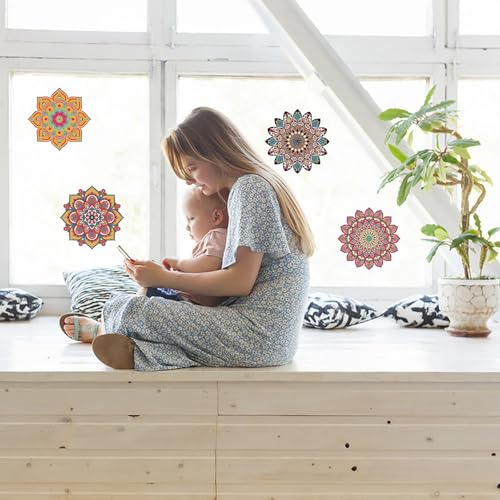Diamond Art Stained Glass Window Clings, 12 Pcs DIY Mandala Window Stickers | PVC material, 7 inches, diamond DIY pen and markers, craft hobby for women, creative art kit, home decor, adhesive backing