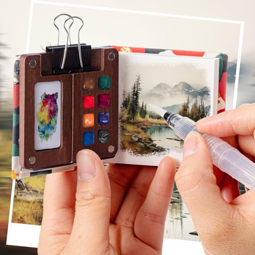 Qilery Mini Portable Watercolor Palette Set Wooden Grid Paint Box Watercolor Paper Sketch Book Brush Pens with Binder Clip for Painters Artist Not Include Paint(Cat) - style: Cat