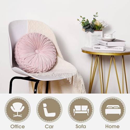 HIG Set of 2 Pink Velvet Decorative Round Pleated Throw Pillows - color: Pink