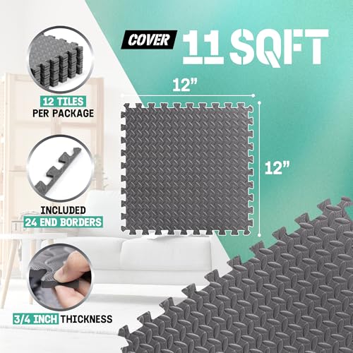 Yes4All EVA Interlocking Mats, Puzzle Floor Tiles, Foam Floor Padding with Border for Furniture, Home Space, Living Room, Garage 11 SQFT - color: Grey, style: 3/4" Thickness, 11 SQFT