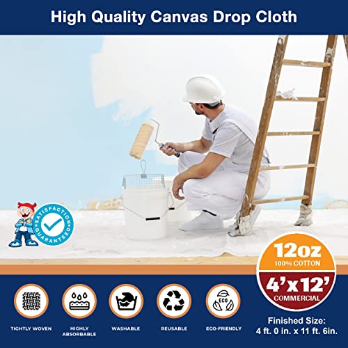 12oz All Purpose Canvas Drop Cloth 4x12ft – Commercial-Grade Heavy Duty Cotton Canvas Tarp Cover – Seamless, Washable & Reusable Painters Drop Cloth for Painting, Furniture & Floor Protection - color: 12 Oz - Commercial Grade