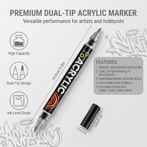 Grey Dual Tips Acrylic Paint Markers - Fine Tip and Brush Tip Acrylic Paint Pens for Stone,Paper,Wood,Glass,Fabric Paint,DIY Crafts (6, Grey) - color: Grey
