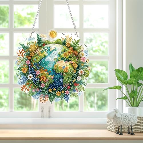 Bowetile Protect the Earth Diamond Art Hanging Kits for Adults, Diamond Art Suncatchers Earth, 5D Special Shape Diamond Painting Pendant Window Ornament Gifts for Home Wall Garden Decor - color: Earth