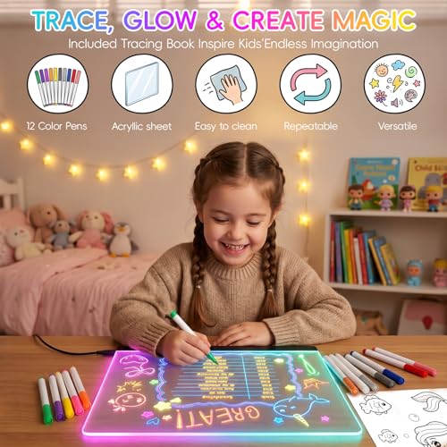 16" LED Drawing Board for Kids, Light Up Glow Doodle Pad with 12 Markers, Tracing Book & Cleaning Cloth, USB-C Acrylic Dry Erase Note Board Toy Gifts for Girls Boys Age 3-12