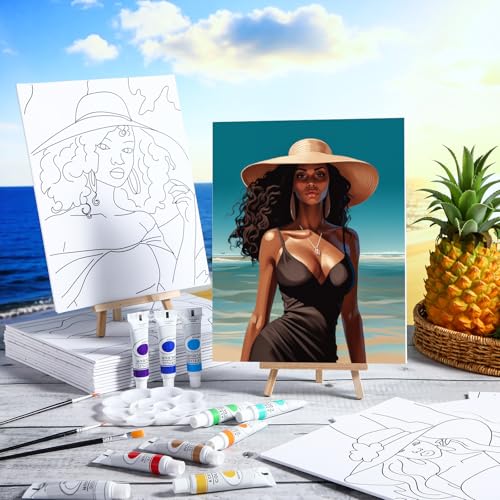 Zhanmai Afro Queen 88 Pcs 8 x 10 Inch Pre Drawn Canvas for Painting Kit Pre Stretched Canvas for Sip and Paint Party Favor Coloring DIY Virtual Party Birthday Gifts Adult's Date Night - style: Afro Queen