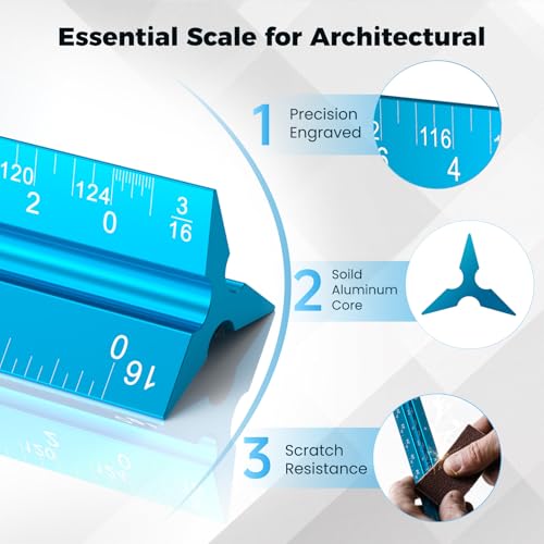 Rena Chris Architectural Scale Ruler: 12" Imperial Aluminum Alloy Metal Architecture Measuring Tools, Engineering Drafting Construction Drawing Blueprints Triangular Architect Scaling Rulers 12 Inches - color: Blue