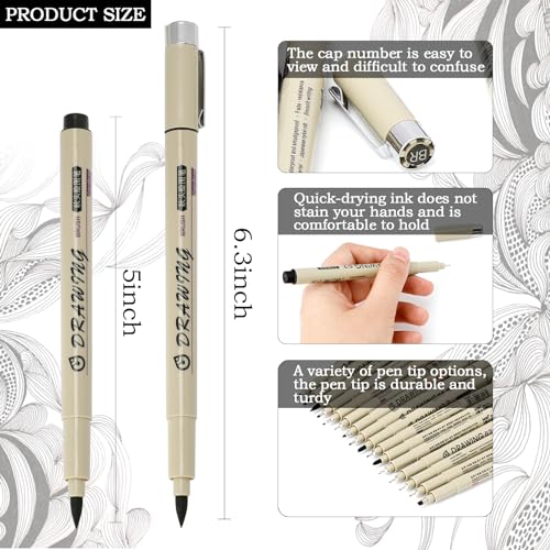 16 Pack Micro Pen Set Waterproof Archival Ink Set Black Micro Fine Point Drawing Pens Archival Ink Brush Pen for Painting, Sketching, Writing, and Drawing