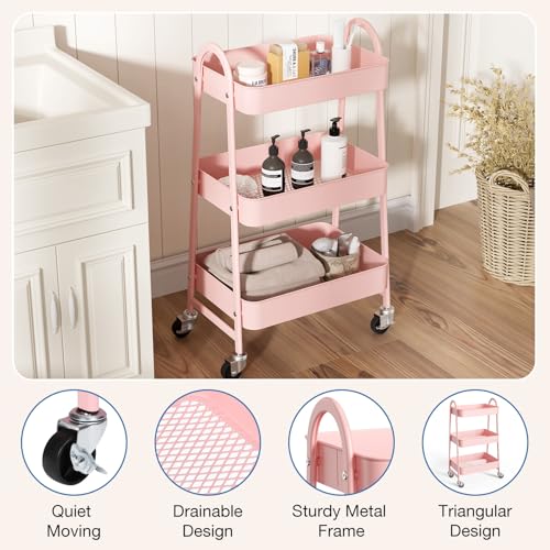 OLIXIS Metal Rolling Storage Utility Cart with Lockable Wheels 3 Tiers - color: Light Pink, size: 3-Tiered 17 inches