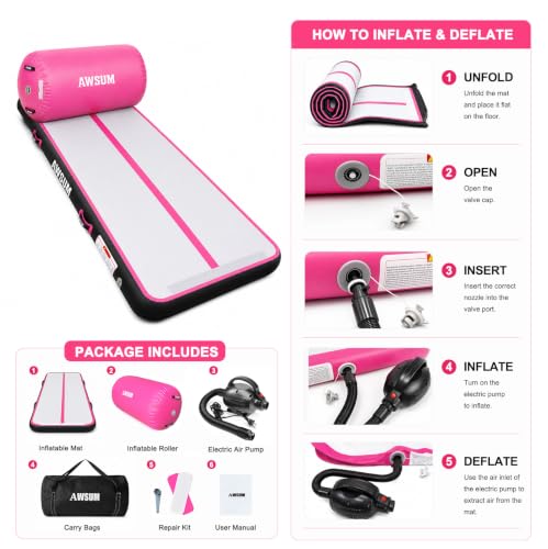 AWSUM Inflatable Gymnastics Mat with Air Roller Barrel Tumbling Equipment - color: Pink/Black+Pink Roller, size: 10ft*3.3ft*4in&(L)40in*(Diam)23.6"