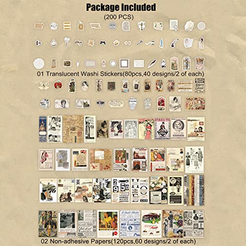 Esweny 200 Pieces Vintage Ephemera Scrapbooking Supplies Pack for Decoupage, Collage Craft, Notebooks, Album, Planners, Paper Scrapbook Stickers Kit (Retro) - style: Retro