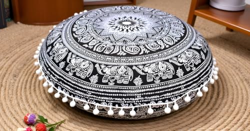 Round Mandala Floor Pillow Cover Seating Cushion Throw Cover Hippie Decorative Bohemian Ottoman Pouf Cover, Pom Pom Pillow Cases,Boho Indian 22 Inches (Black Elephant Flower) - color: Black Elephant Flower