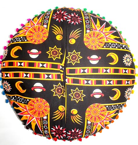 Round Mandala Floor Pillow Cover Seating Cushion Throw Cover Hippie Decorative Bohemian Ottoman Pouf Cover, Pom Pom Pillow Cases,Boho Indian 22 Inches Orange Burning Sun - color: Orange/Black, size: 22" x 22" (Pack of 1)