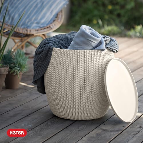 KETER Urban Knit Pouf Ottoman Set of 2 with Storage Table for Patio and Room Décor-Perfect for Balcony, Deck, and Outdoor Seating, Cream & Taupe - color: Cream & Taupe
