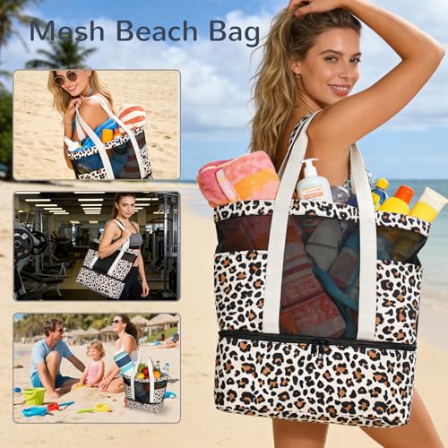 Mesh Tote Beach Bag with Leakproof Wet Compartment - color: Leopard Print