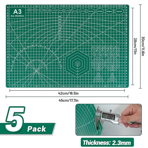 5Pack A3 Self Healing Cutting Mats,12" x 18" Double Sided PVC Craft Pads with Grid & Geometric Templates for Sewing,Scrapbooking,DIY Projects