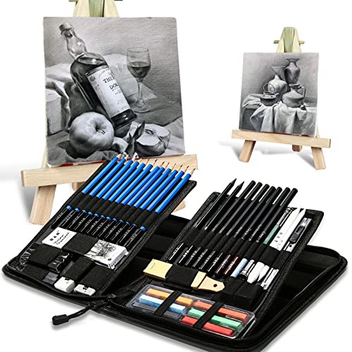 H & B 48-Piece Sketching & Drawing Kit for Adults & Beginner Artists - Includes Graphite & Charcoal Pencils, Blending Stumps, Sketchpad, Pastel Sticks, Nylon Storage Case - size: 48 Piece Set