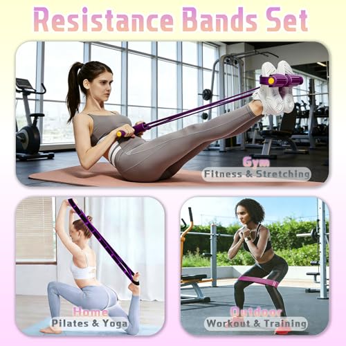 5 Pcs Resistance Bands Set, Pedal Resistance Band with Handles Fitness Equipment, Workout Elastic Exercise Bands for Ab, Waist, Arm, Leg, Women Stretch Bands for Pilates, Yoga at Home, Gym - color: Purple