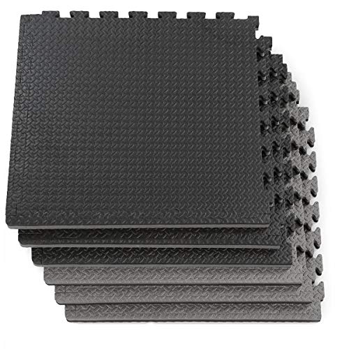 Xspec 1" Extra Thick 48 sq ft Reversible EVA Gym Foam Floor Mat Tiles (24" x 24"), Steel Pattern, 12 pcs, Black & Grey