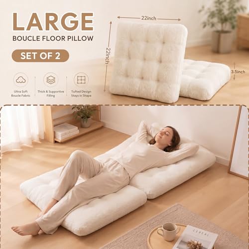 Jerify 2 Pcs 22 x 22 x 3.5 Inch Cream Boucle Floor Pillow Cushions for Adults, Large Square Floor Pillow for Meditation, Plush Tufted Seating Pad for Living Room Balcony Tatami