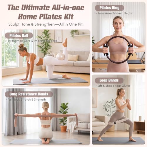 GINMIC Pilates Kit, Pilates Equipment for Home Workouts, at Home Pilates Set with Complete Accessories: Pilates Ring, Pilates Ball, Long and Loop Resistance Bands, Socks, Massage Ball, Guide & Bag - color: Oat & Brown