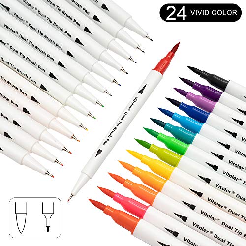 Vitoler Colored Markers Highlighters Dual Tip Brush Pens,Fine Tip Markers & Fine Point Art Pens for Adult Coloring Drawing Planner Art Craft Supplies (24 Brush Pens Set) - color: 24 Colors