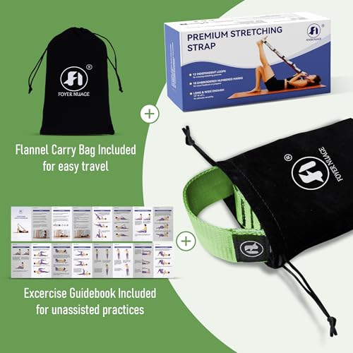 Stretch Bands for Exercise, Non Elastic Yoga Stretching Strap with Loops, 3.8cm x 2.45m, Stretching Bands for Physical Therapy, Yoga, Pilates, Dance, Gymnastics Exercise - color: Green